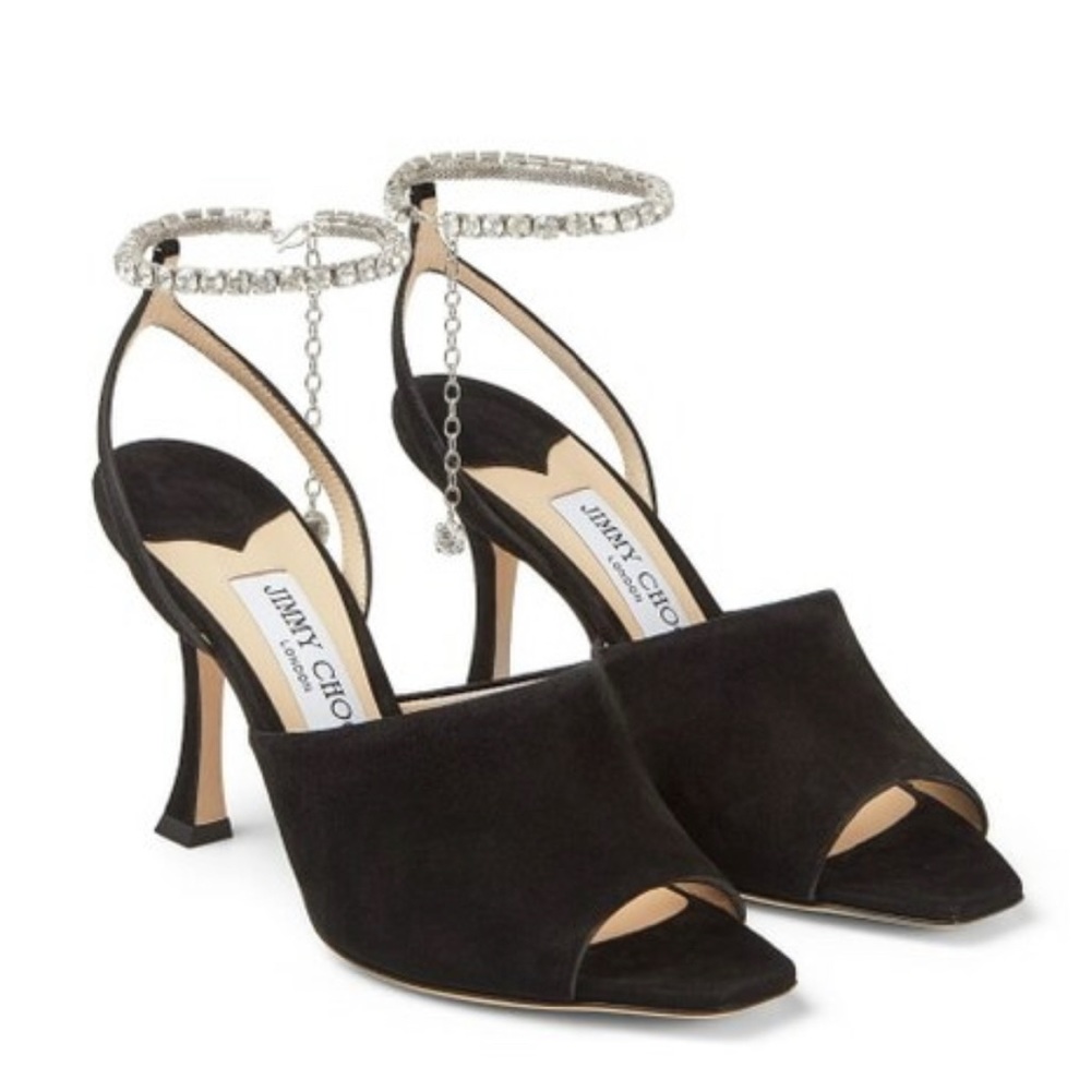Jimmy Choo Sae 90 Sandals Suede w/ Crystal Chain